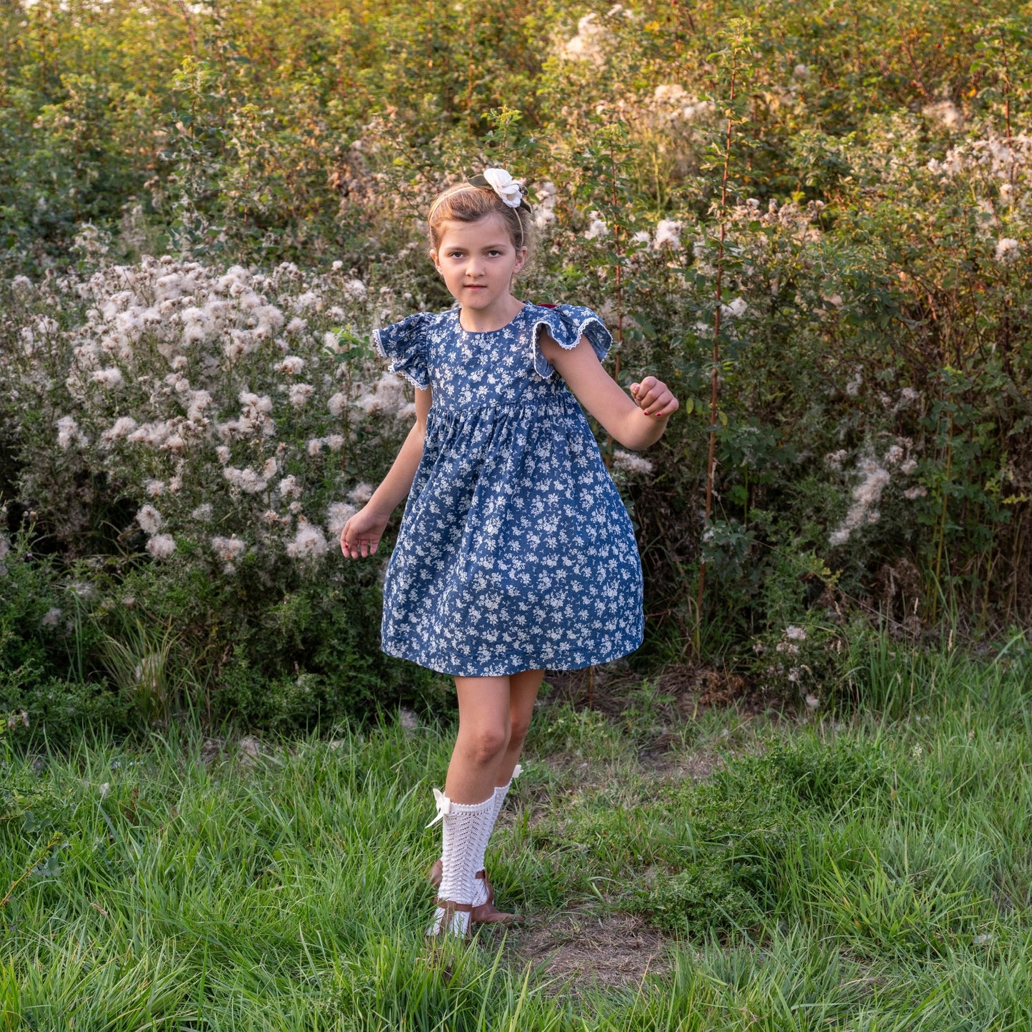 Joy, in denim floral soft cotton | MTO