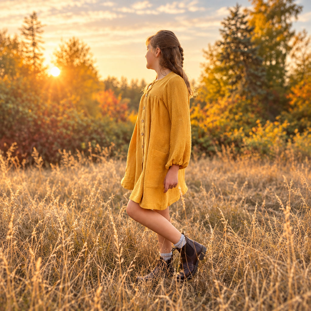 A young girl wearing a mustard yellow long-sleeve dress walks through a field of dry grass at sunset, with trees and a blue sky in the background.