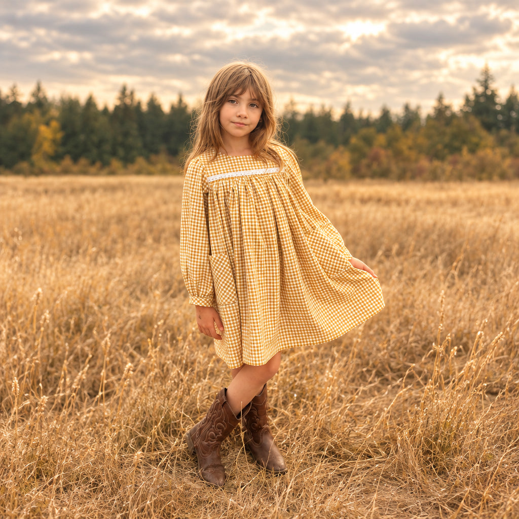 Melissa Dress in Gold Gingham organic cotton denim| MTo