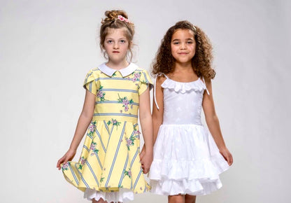 Melody, Feature Dress in Soft Yellow Floral & Stripe , Spring Bloom (Made to Order)