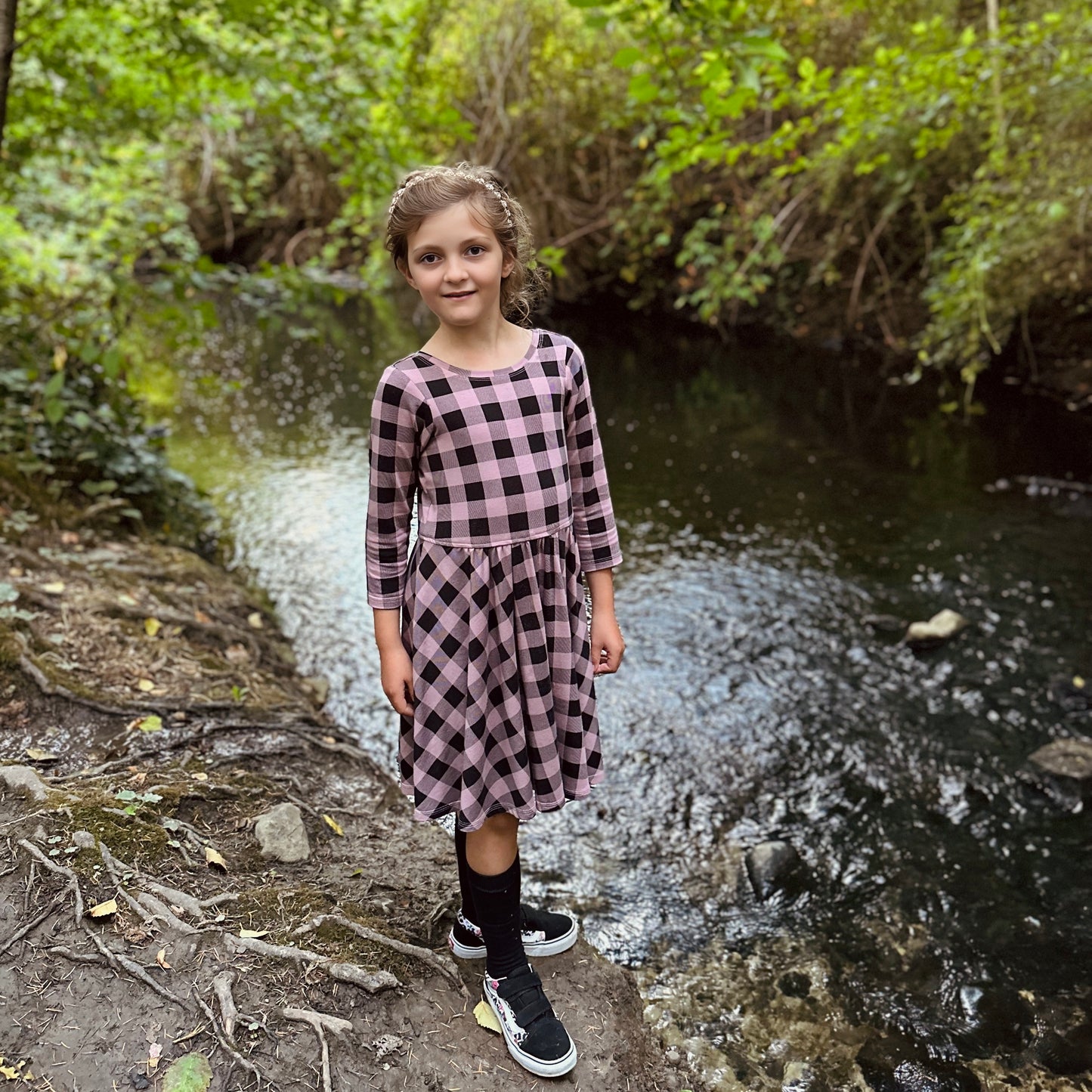 Isla dress, in Rose Buffalo Check Bamboo (Made to Order)