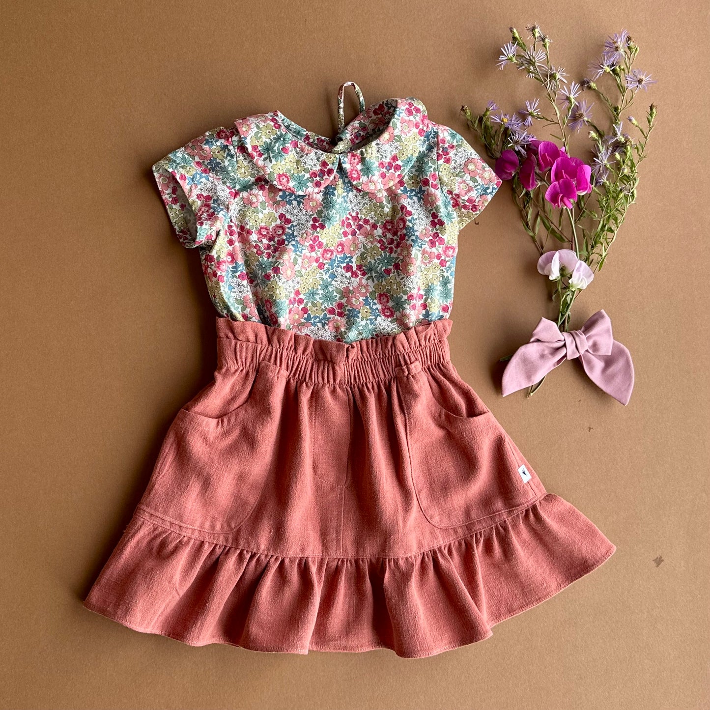 Amber Blouse, in Coral Ditsy Floral Cotton (Made to Order)