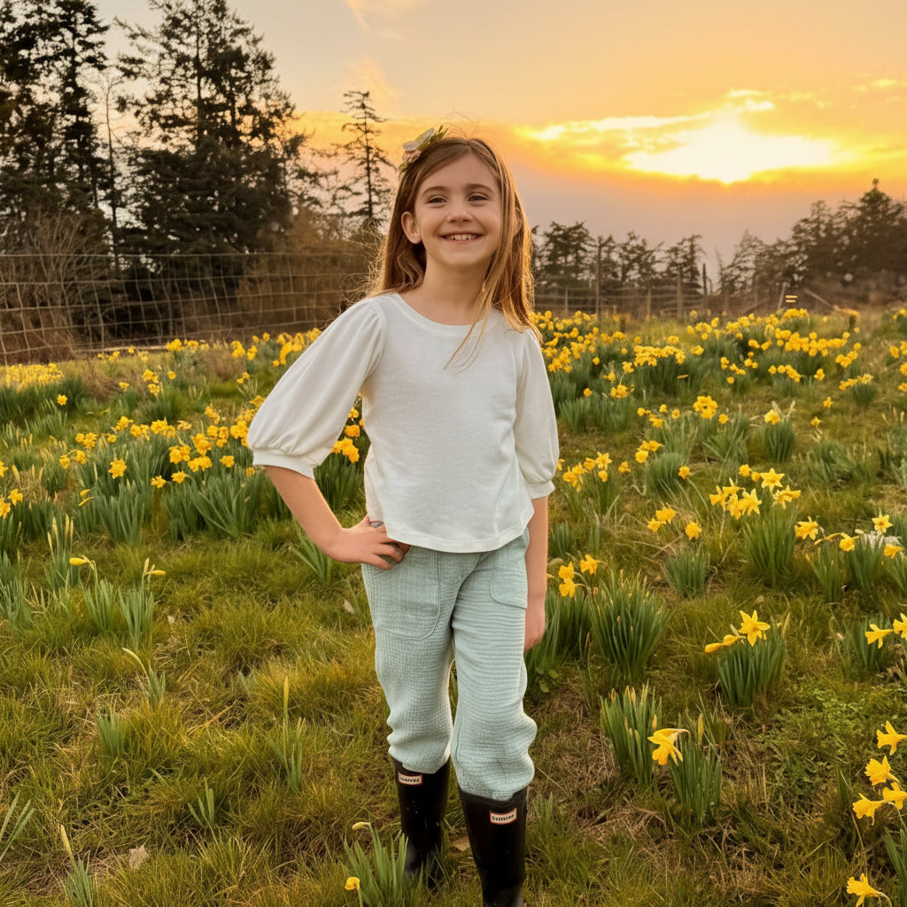 Young girl standing in a field of yellow flowers with a sunset in the background