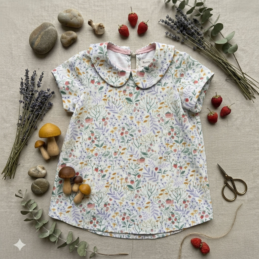 Floral-patterned shirt on a textured surface with natural elements like mushrooms and lavender.