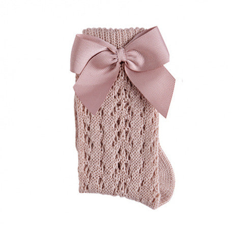 Cotton Openwork Knee High Socks with Bow, in Antik Pink 544