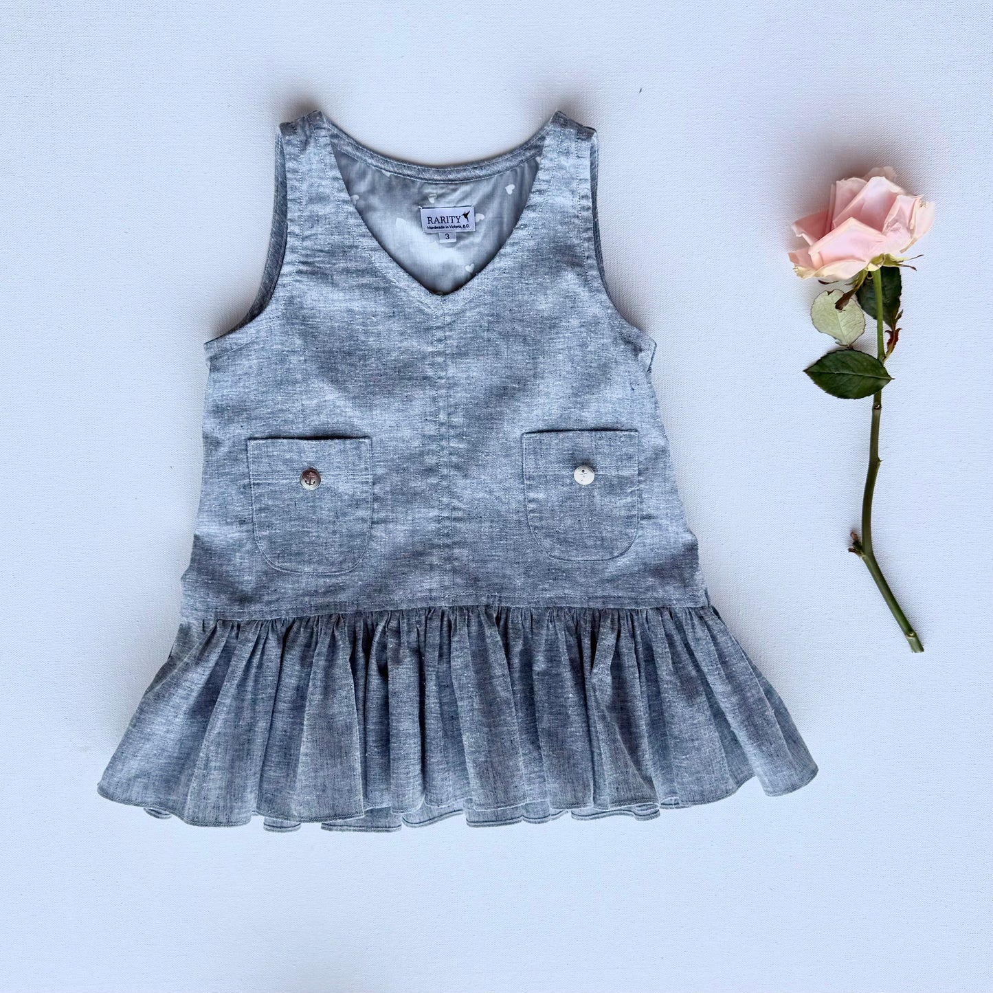 Eros Ruffle Overall Dress in Yarn Dyed Hemp + Organic Cotton Chambray | RTS