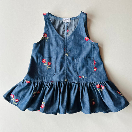 Eros Ruffle Overall Dress in Embroidered Denim | RTS