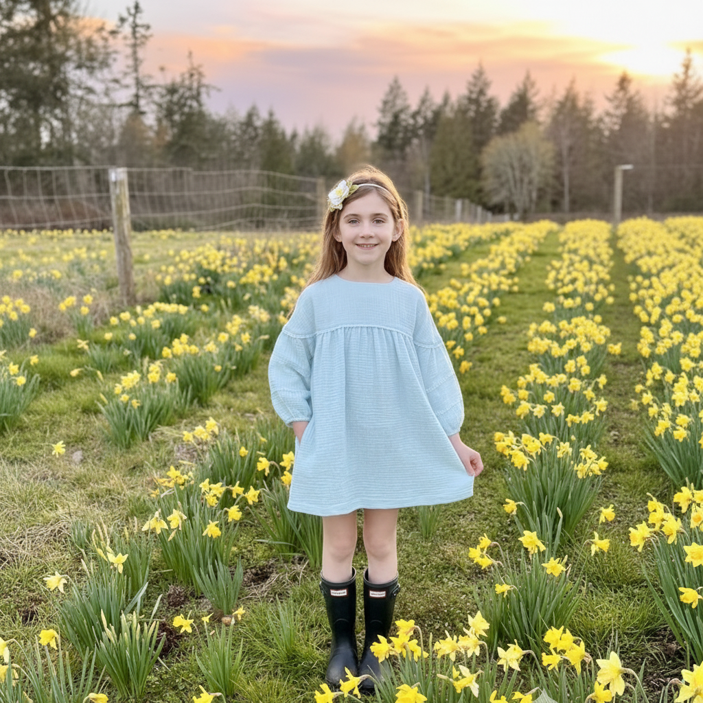 Young girl in a light blue dress standing in a field of yellow flowers with a sunset in the background.