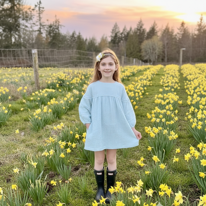 Young girl in a light blue dress standing in a field of yellow flowers with a sunset in the background.