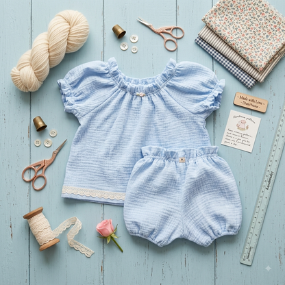 Marie, Baby Set, cotton double gauze blue| peasant blouse & bloomers