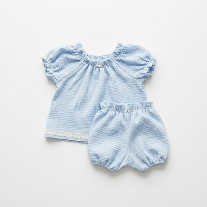 Marie, Baby Set, cotton double gauze blue| peasant blouse & bloomers