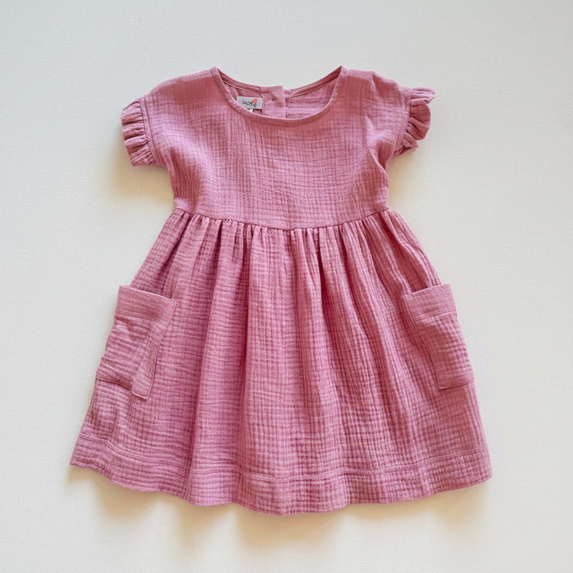 Pink checkered dress with short sleeves on a white background