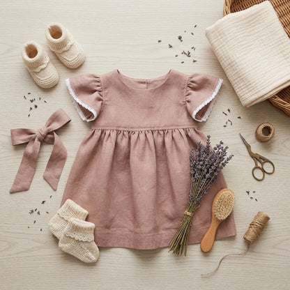 Joy, Linen and Lace Flutter Dress in Clay | RTS