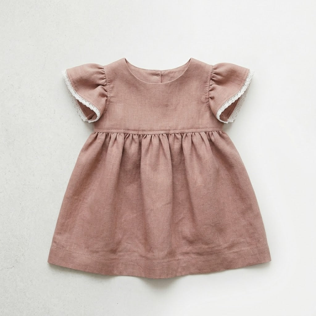 Joy, Linen and Lace Flutter Dress in Clay | RTS