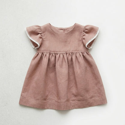 Joy, Linen and Lace Flutter Dress in Clay | RTS