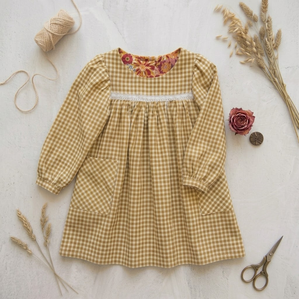 Melissa Dress in Gold Gingham organic cotton denim| MTo