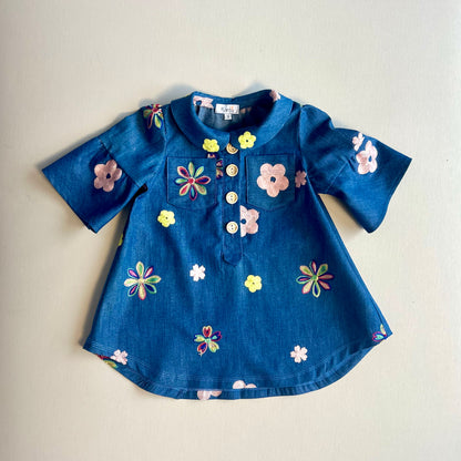 Embroidered Denim Dress, Soft Denim Dress, Kid's Dress Handmade in Victoria, BC, Canada