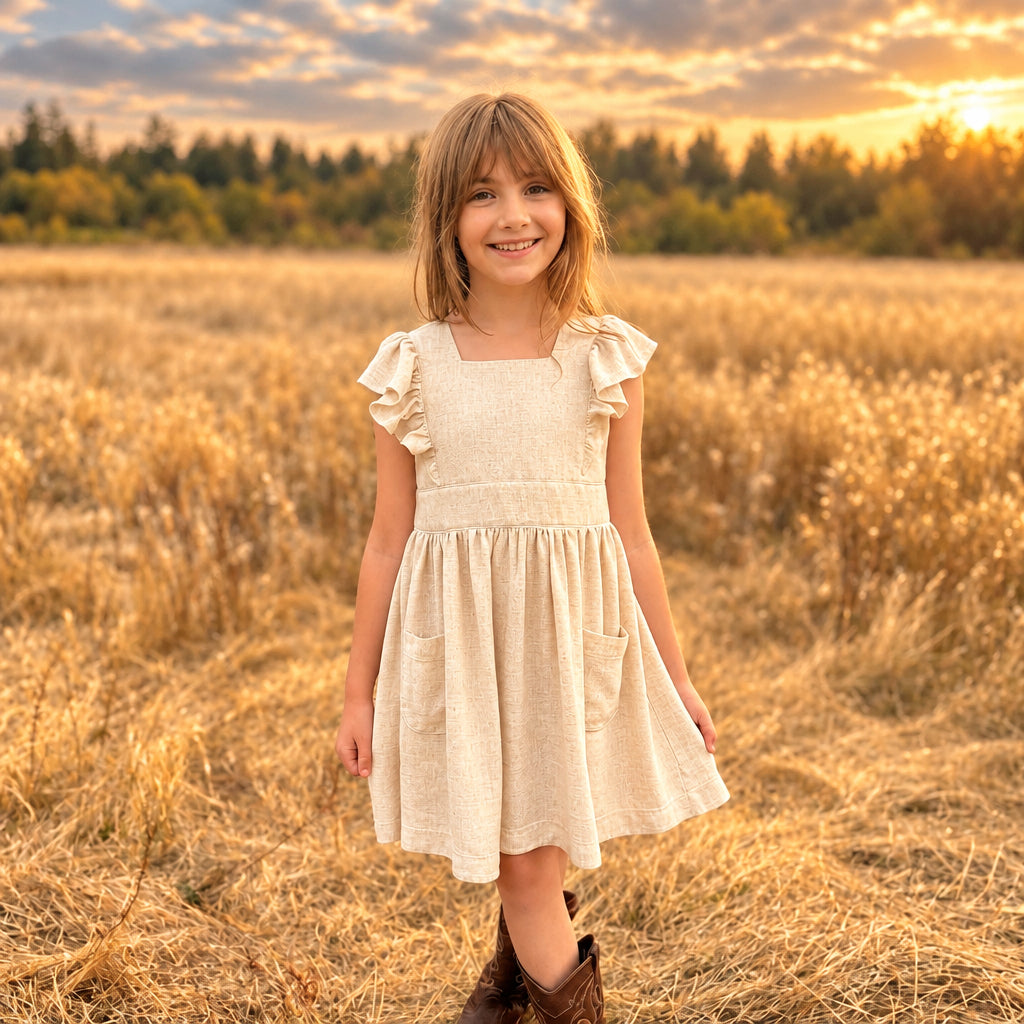 A young girl stands in a dry grass field wearing a cream-colored dress with ruffled cap sleeves and brown cowboy boots.
