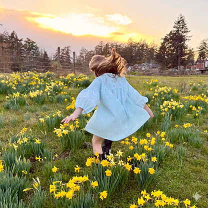 Child in a light blue dress running through a field of yellow flowers at sunset.
