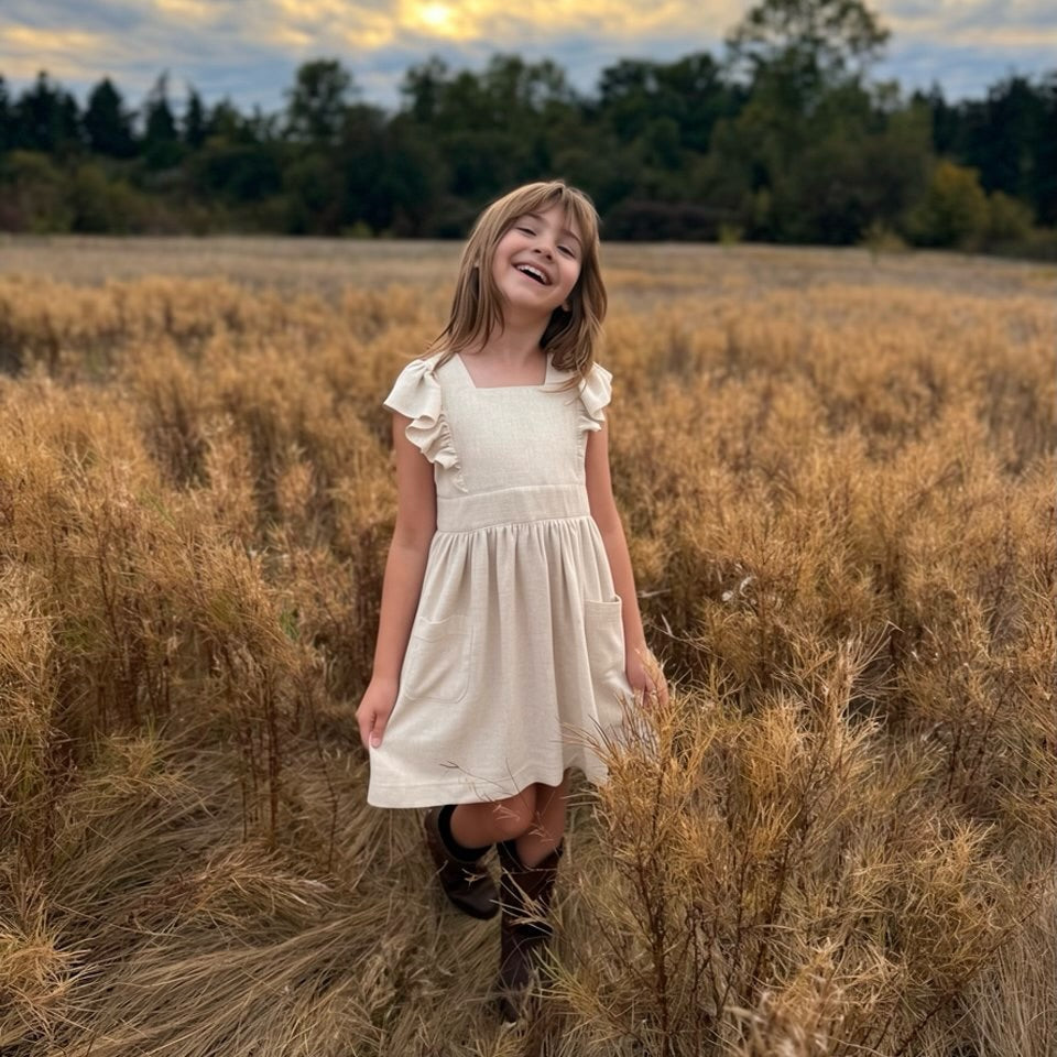 A young girl with light brown hair stands in a field of dry golden grass, wearing a cream-colored ruffle-sleeve dress and dark boots under a cloudy sunset sky.