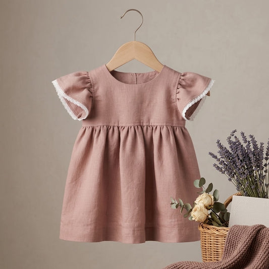 Joy, Linen and Lace Flutter Dress in Clay | RTS