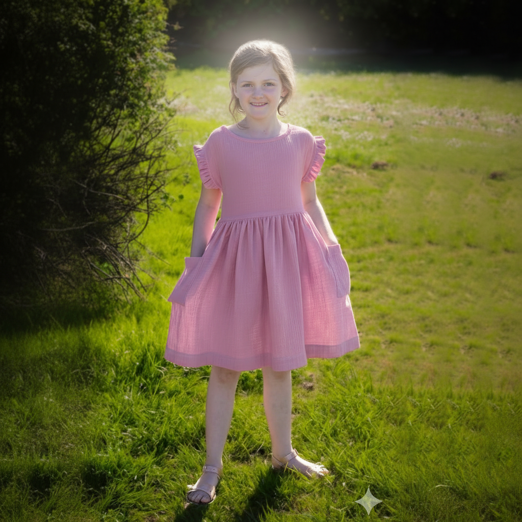 Two images of a girl in a pink dress standing in a grassy area with trees.