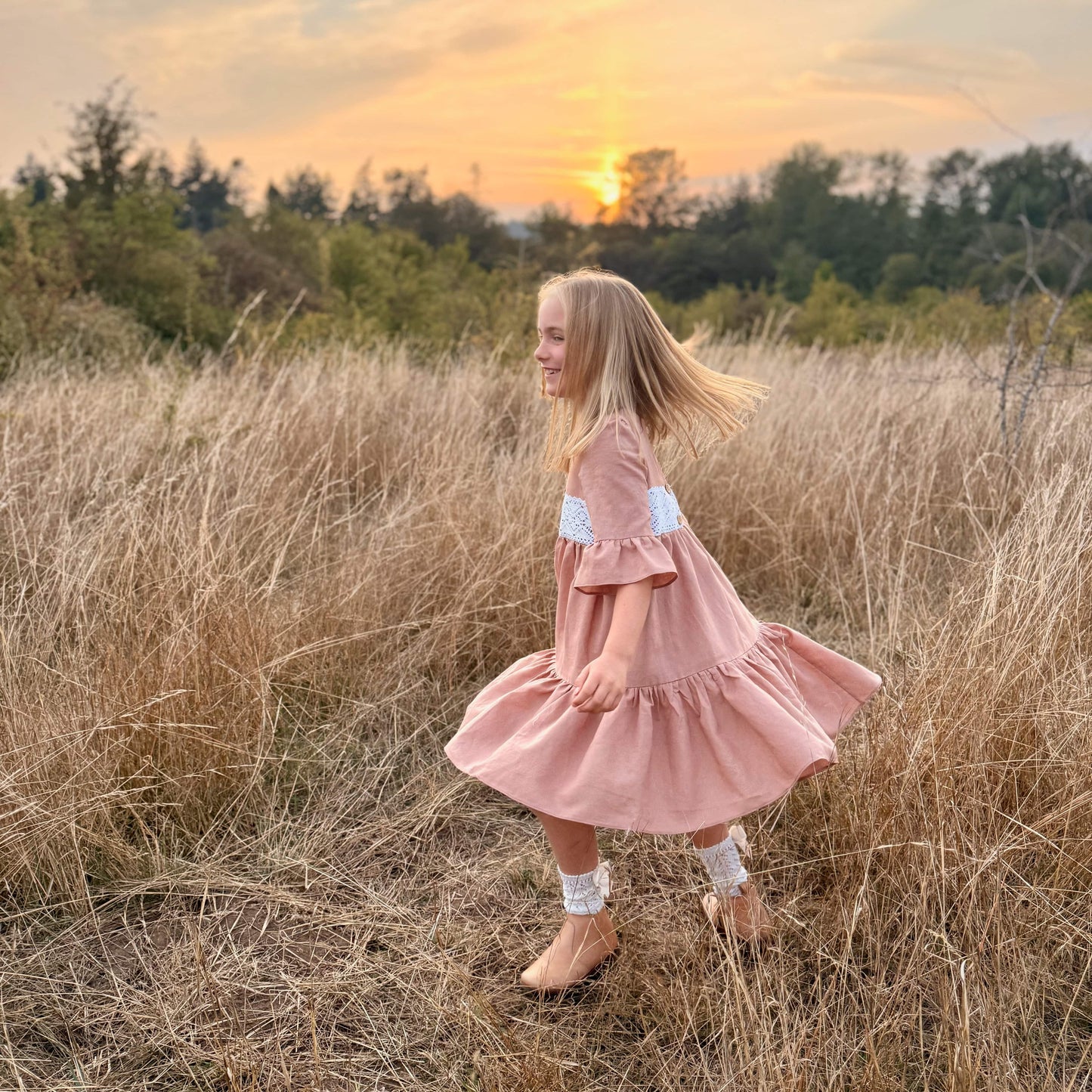 Aurora Dress with Heirloom Crochet Lace Trim in Putty or Pink Linen | Echoes of Autumn | MTO