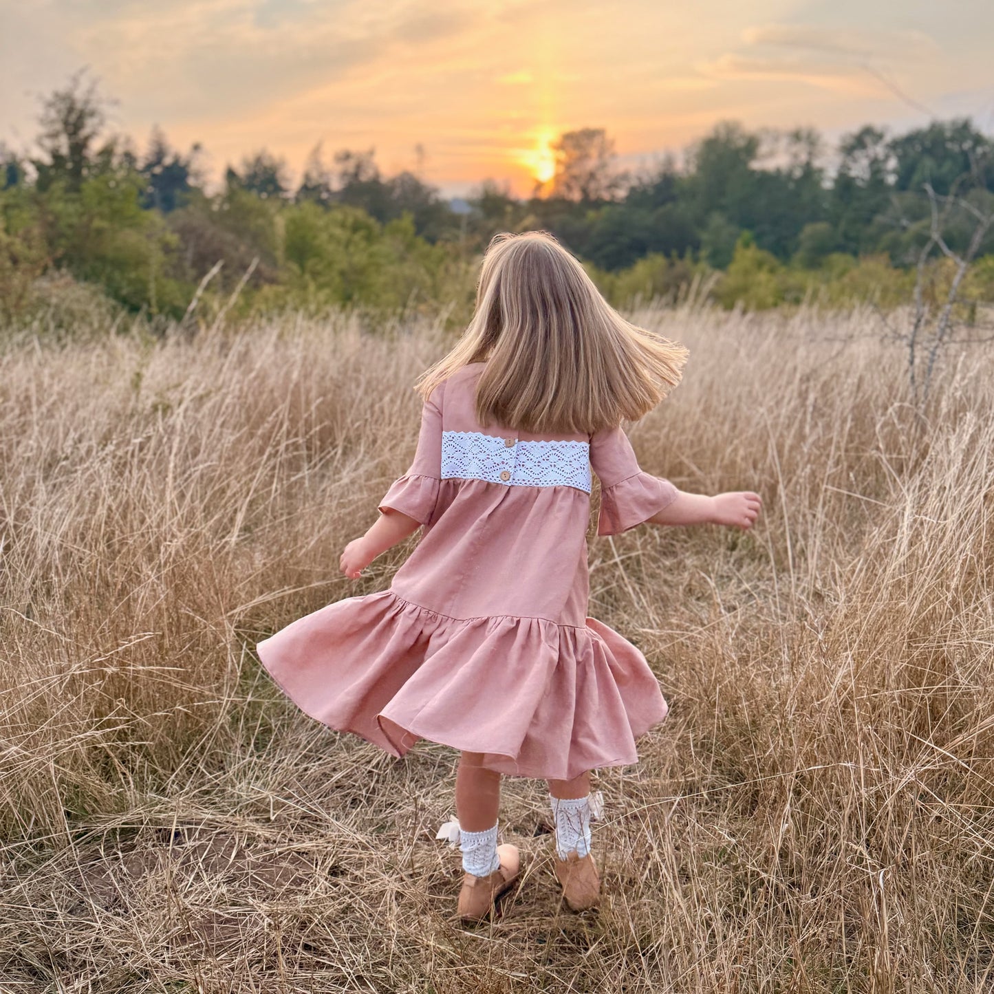 Aurora Dress with Heirloom Crochet Lace Trim in Putty or Pink Linen | Echoes of Autumn | MTO