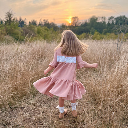 Aurora Dress with Heirloom Crochet Lace Trim in Putty or Pink Linen | Echoes of Autumn | MTO