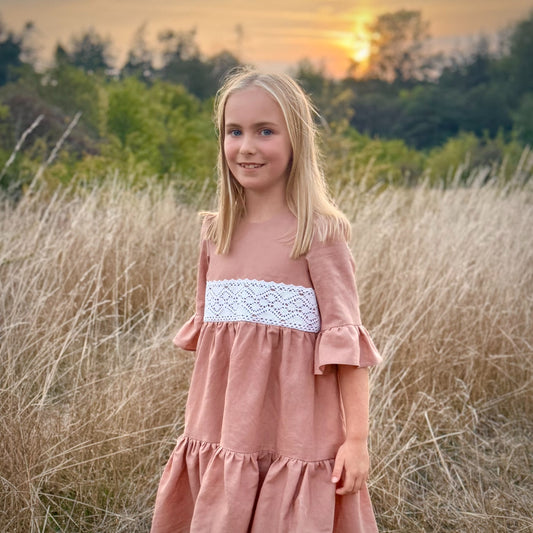 Aurora Dress with Heirloom Crochet Lace Trim in Putty or Pink Linen | Echoes of Autumn | MTO