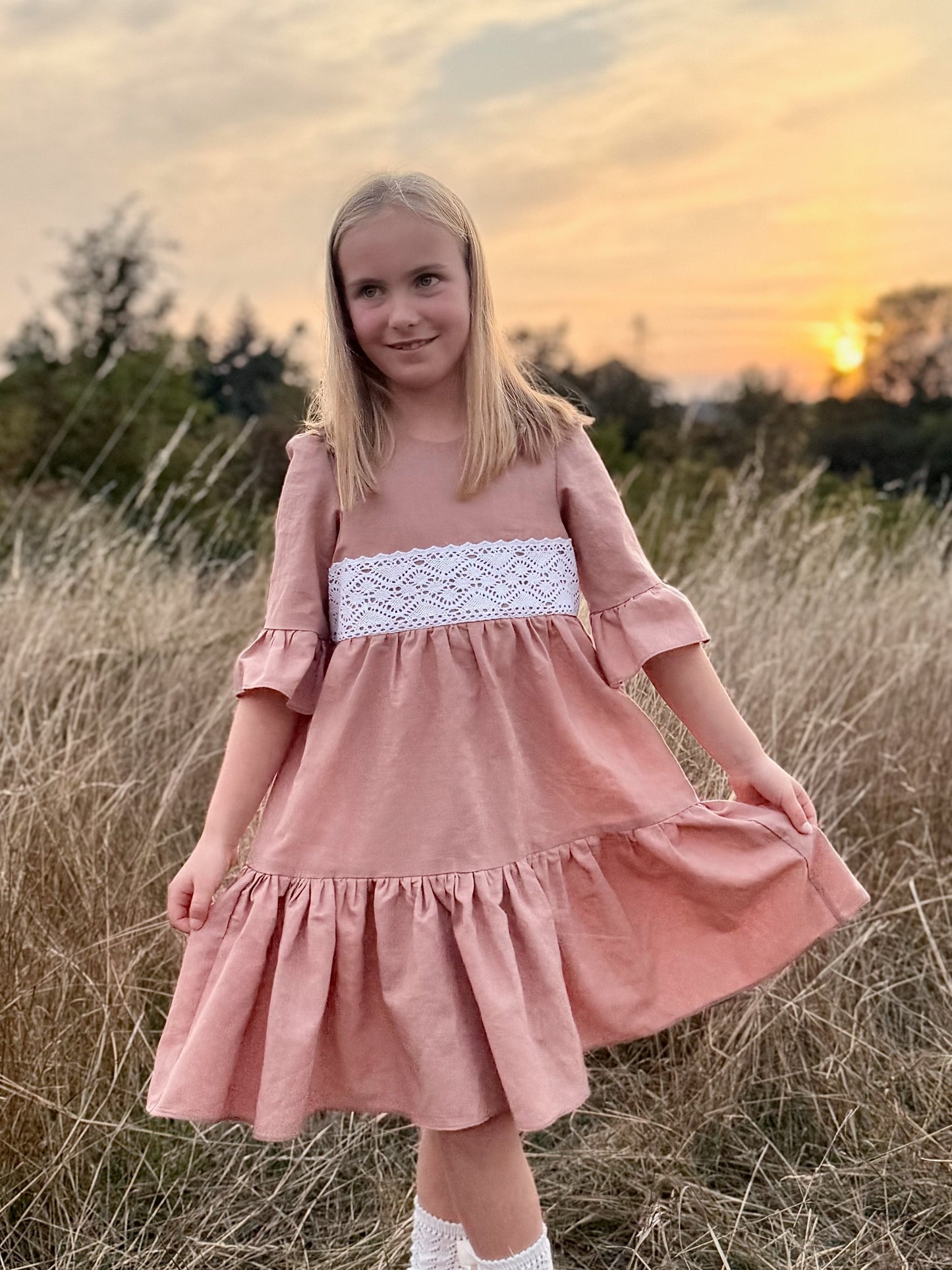 Aurora Dress with Heirloom Crochet Lace Trim in Putty or Pink Linen | Echoes of Autumn | MTO