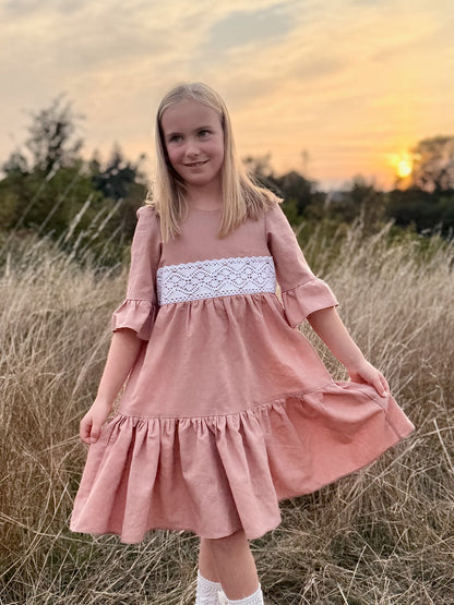 Aurora Dress with Heirloom Crochet Lace Trim in Putty or Pink Linen | Echoes of Autumn | MTO