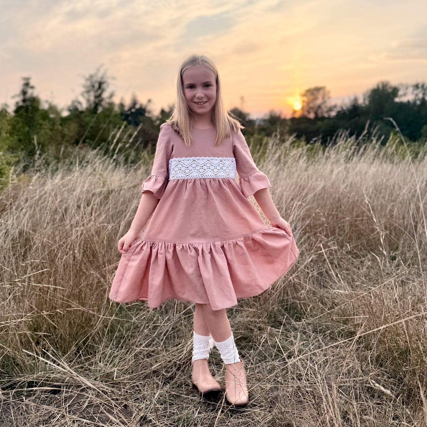 Aurora Dress with Heirloom Crochet Lace Trim in Putty or Pink Linen | Echoes of Autumn | MTO