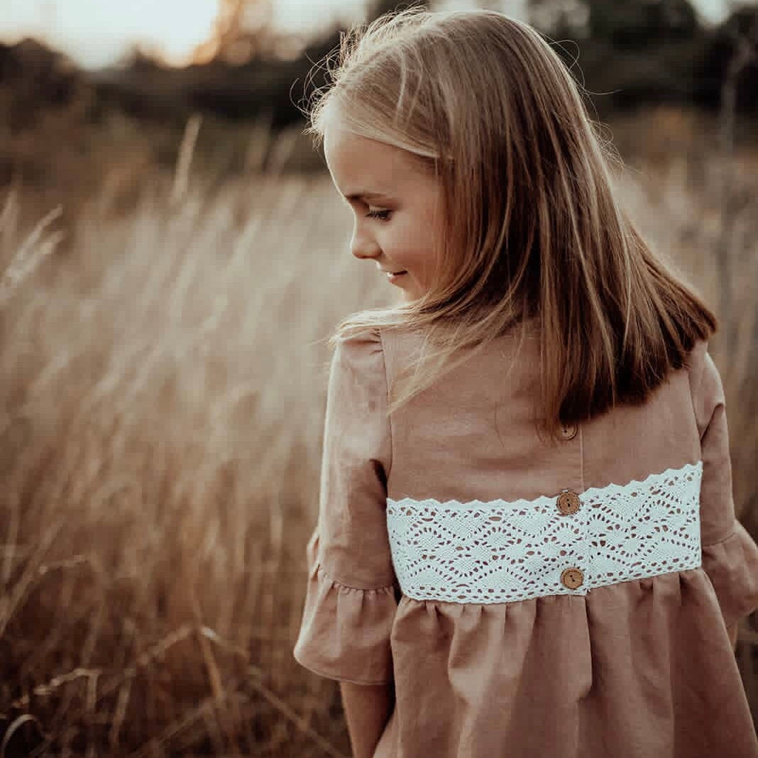 Aurora Dress with Heirloom Crochet Lace Trim in Putty or Pink Linen | Echoes of Autumn | MTO