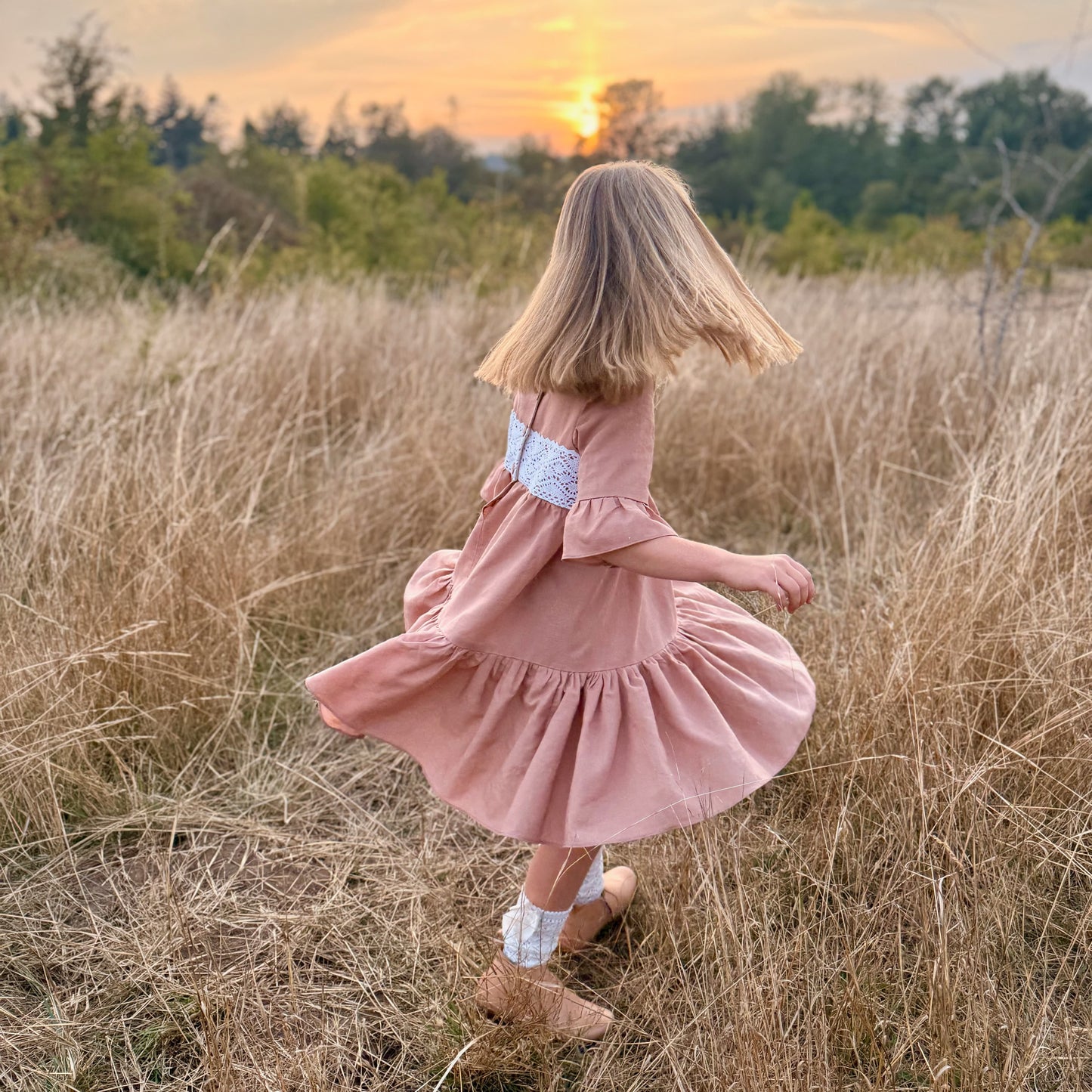 Aurora Dress with Heirloom Crochet Lace Trim in Putty or Pink Linen | Echoes of Autumn | MTO
