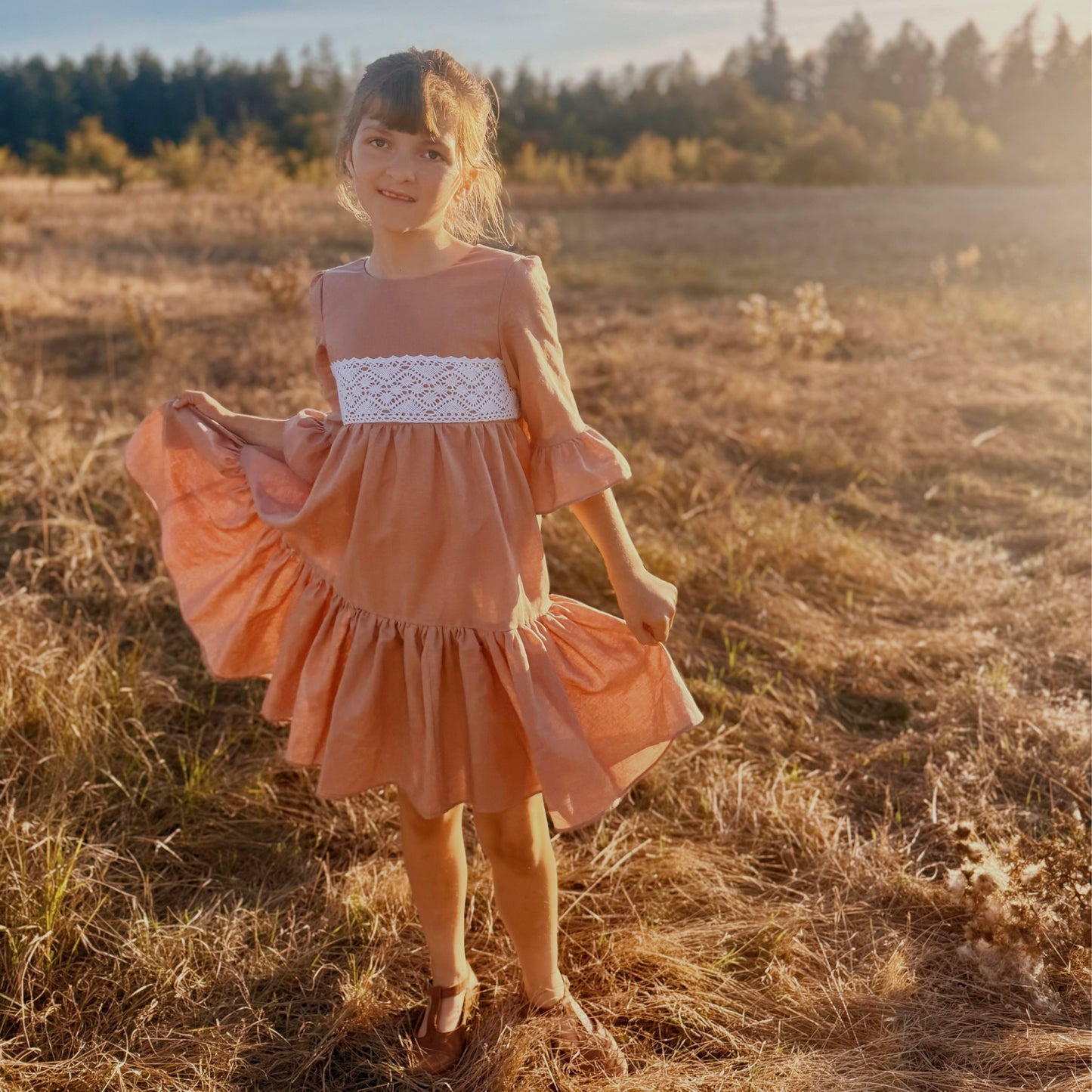 Aurora Dress with Heirloom Crochet Lace Trim in Putty or Pink Linen | Echoes of Autumn | MTO