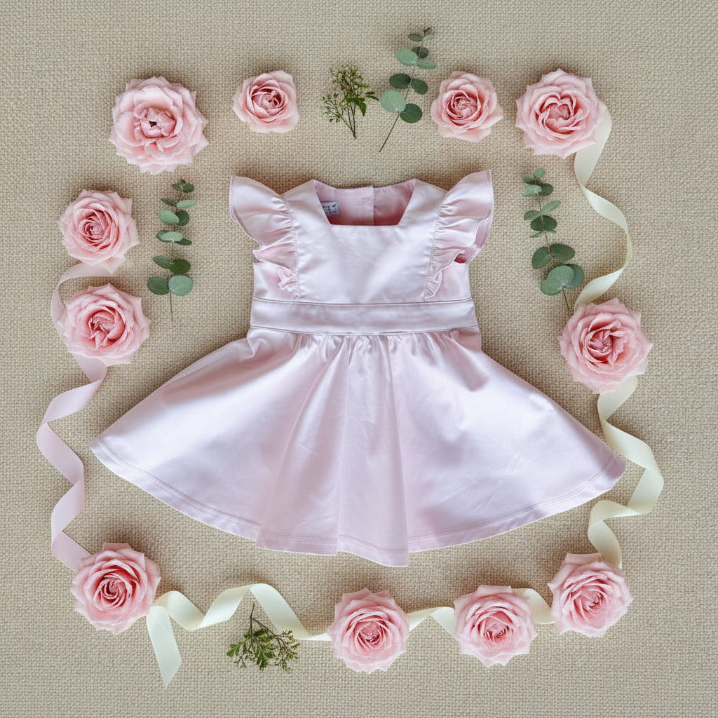 Pink children's pinafore dress on a canvas background with decorative roses