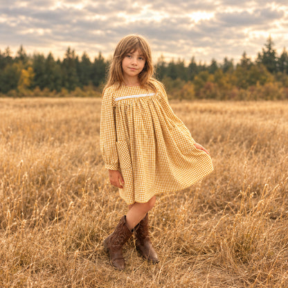 Melissa Dress in Gold Gingham organic cotton denim| MTo