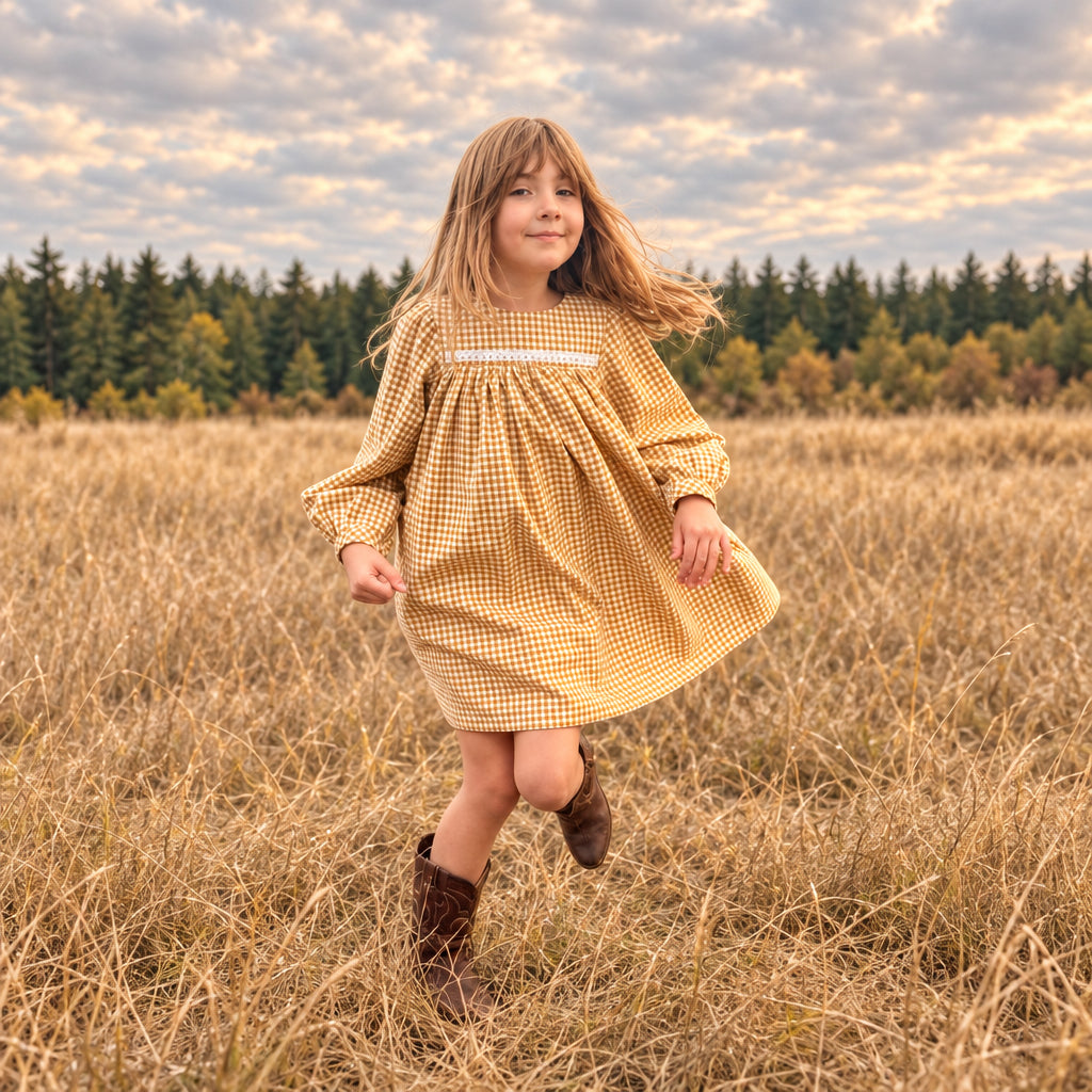 Melissa Dress in Gold Gingham organic cotton denim| MTo