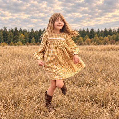 Melissa Dress in Gold Gingham organic cotton denim| MTo
