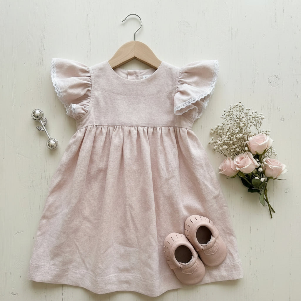 Joy, Linen and Lace Flutter Dress in Petal | RTS