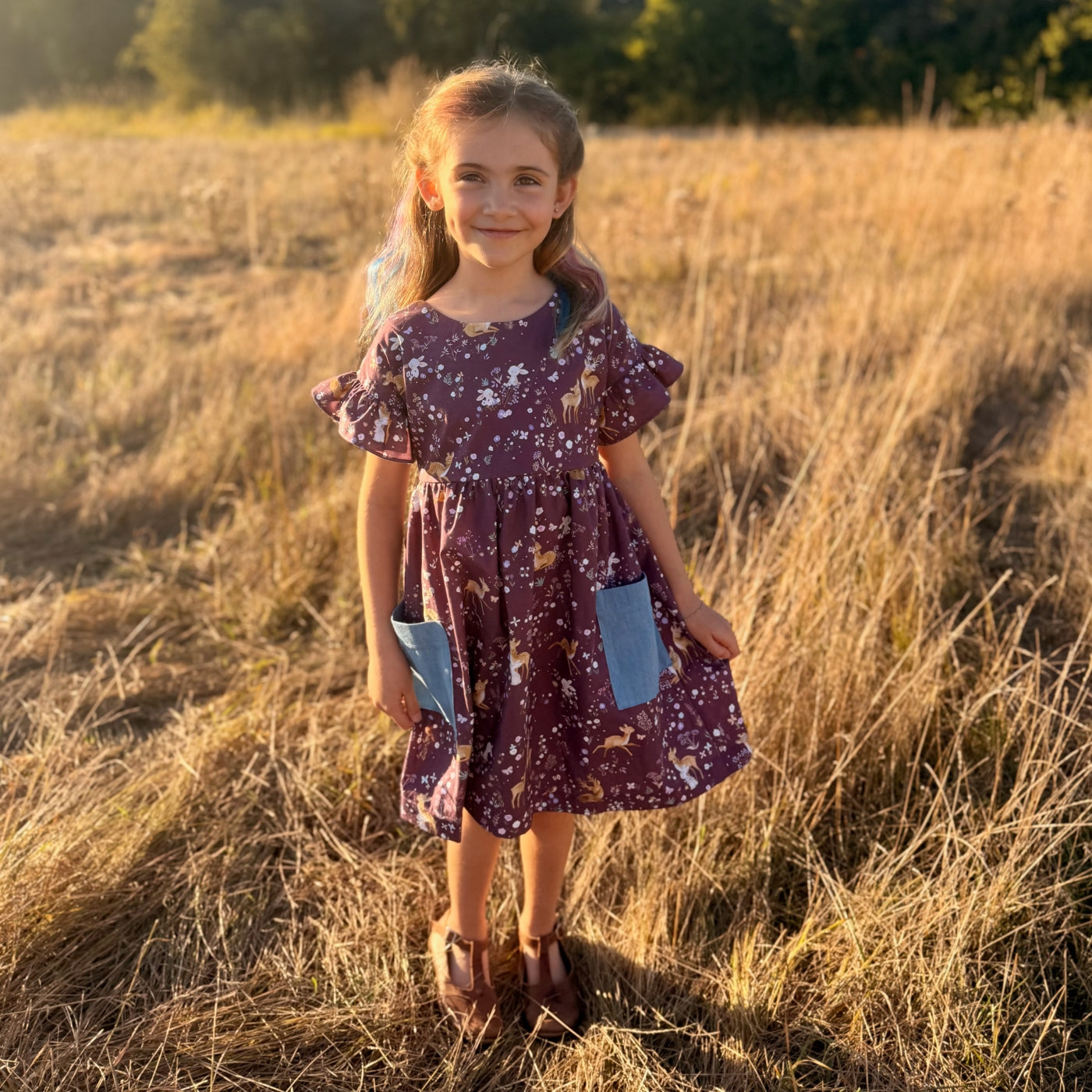 Ruffle Rowan Dress in Royal Deer Print | Echoes of Autumn | MTO