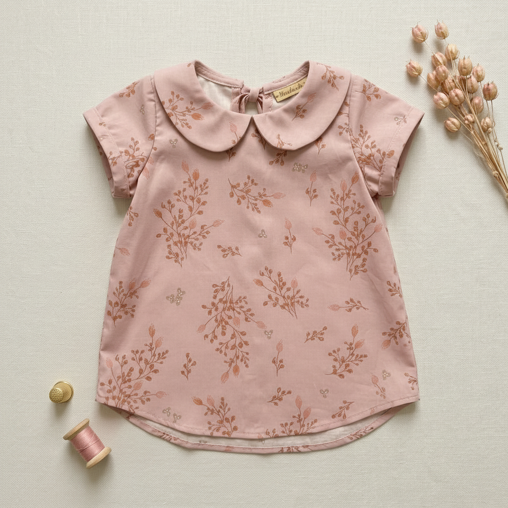 Pink floral blouse with a collar on a light background