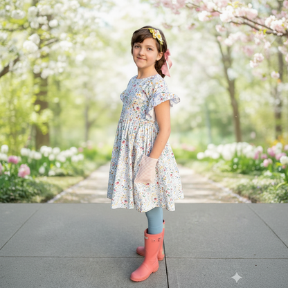 Young girl in a floral dress and pink boots standing outdoors.