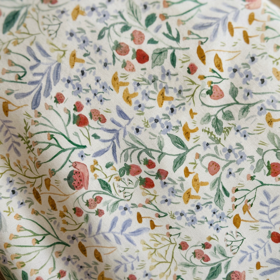 Floral patterned fabric with colorful flowers and leaves on a white background