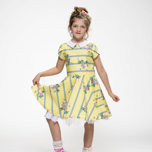 Melody, Feature Dress in Soft Yellow Floral & Stripe , Spring Bloom (Made to Order)