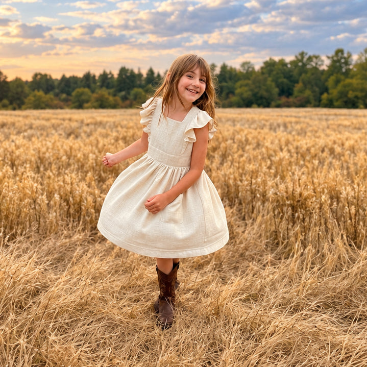 A young girl with light brown hair stands in a field of dry golden grass, wearing a cream-colored ruffle-sleeve dress and dark brown boots.
