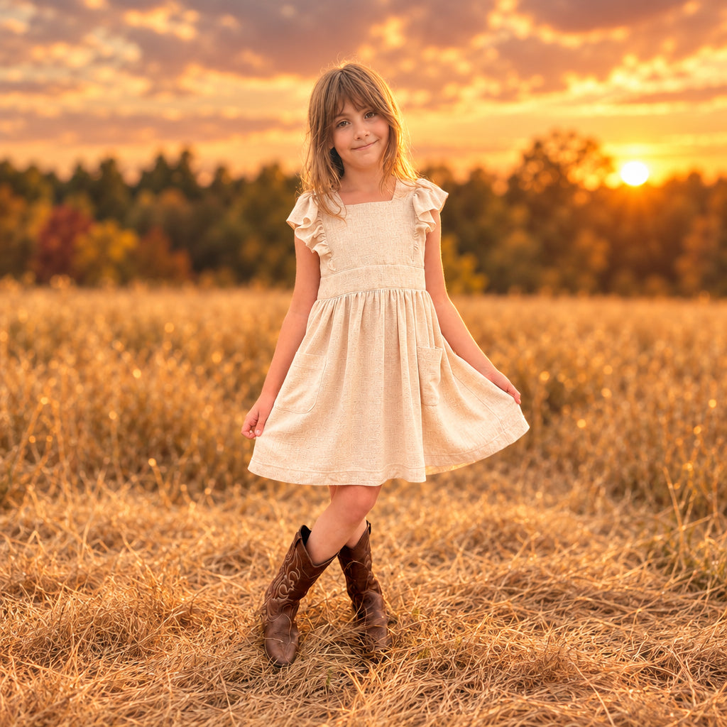 A young girl stands in a dry grass field at sunset wearing a cream-colored ruffle-sleeve dress and brown cowboy boots.