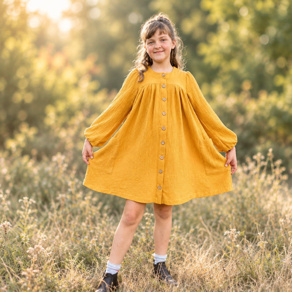 A young girl stands in a grassy field at sunset wearing a mustard yellow long-sleeve button-front dress. Trees and a blue sky are visible in the background.