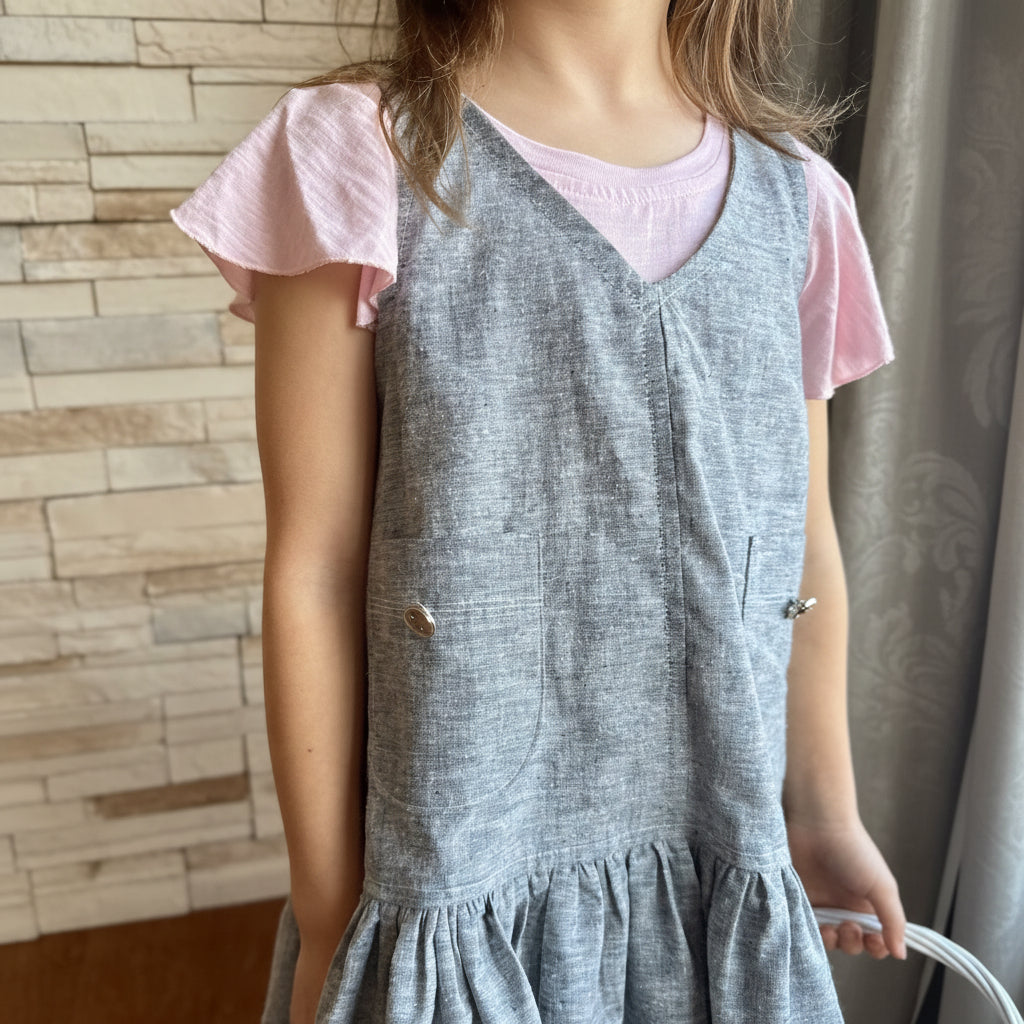 Eros Ruffle Overall Dress in Yarn Dyed Hemp + Organic Cotton Chambray | RTS